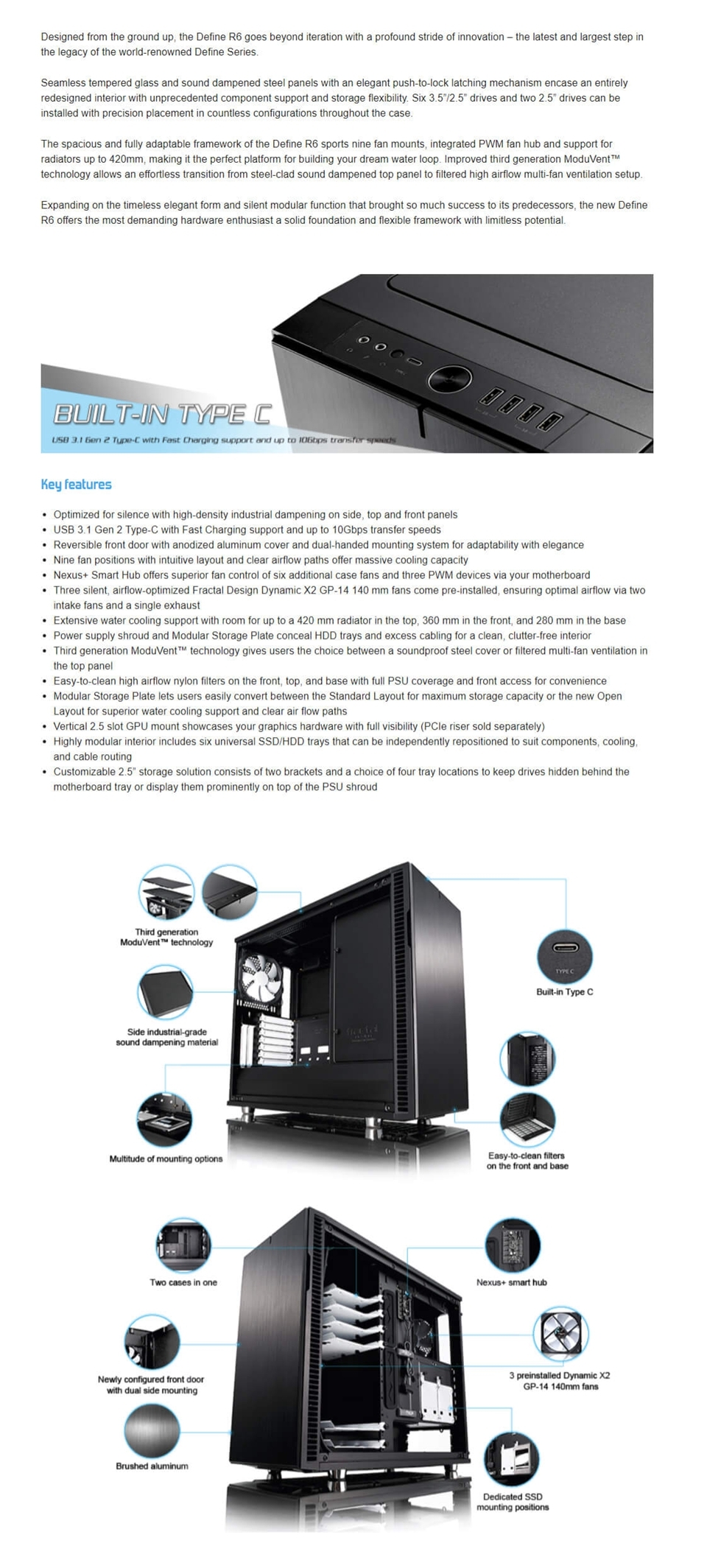 Fractal Design Define R6 Usb C Mid Tower E Atx Case Black Fd Ca Def R6c Bk Mid Tower Case Computer Case Components Pc Meal