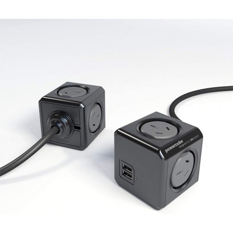 ALLOCACOC POWERCUBE Extended USB 4xOutlets+2 USB, 3M  W/SURGE in Black