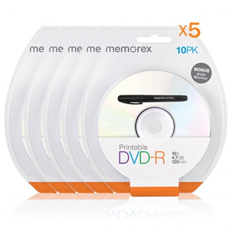MEMOREX (5 Pack) Printable White Top DVD-R 4.7G 16x 10PCs/Pack with Bonus Mark Pen