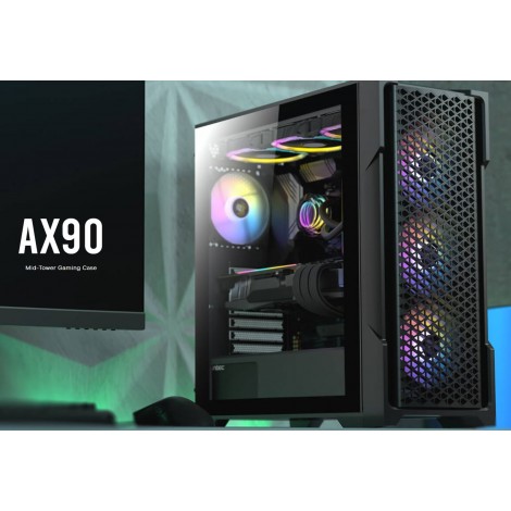 Antec AX90 ATX, 2x 360mm Radiator Support, 4x ARGB 12CM Fans 3x Front & 1x Rear included. RGB controller for six fans. Mesh Tempered Glass Case