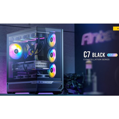 Antec C7-ARGB ATX,E-ATX Panoramic 270 View, USB-C, 4x ARGB PWM Fans. Side Radiator RTX 5090, 7900x, Back Connect MBs, Flip Door, Black Case