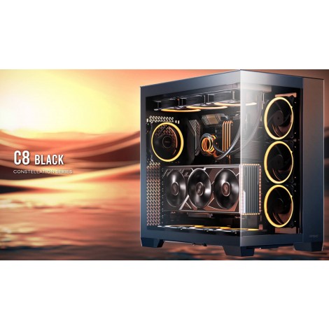 Antec C8 ATX, E-ATX. mATX, Seamless Edge View Front and Side, USB-C, 4mm Tempered Glass, 360mm liquid cooler top, bottom, side. 2x USB 3.0 Black Case.