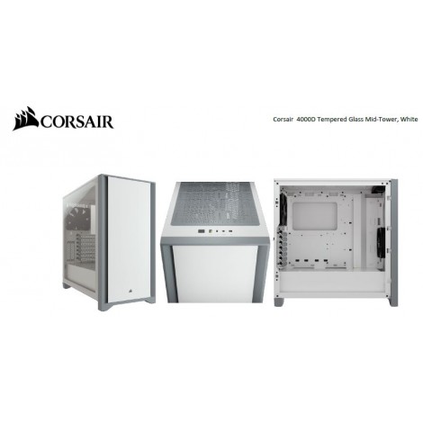 Corsair Carbide Series 4000D Solid Steel Front ATX Tempered Glass White, 2x 120mm Fans pre-installed. USB 3.0 x 2, Audio I/O. Case