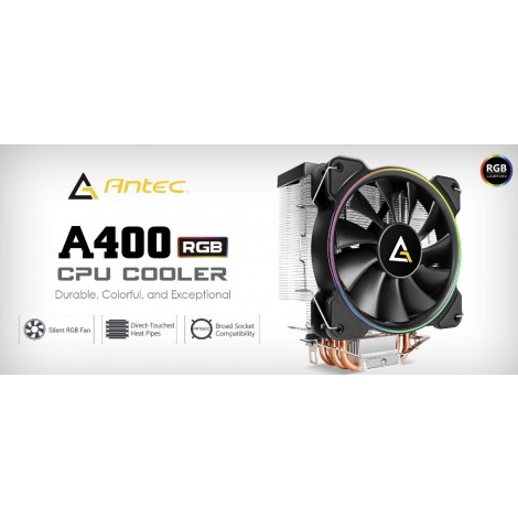 Antec A400 RGB CPU Air Cooler, Direct Heat-Pipies, Silent RGB 12CM PWM Fan, Broad Socket Support, Thermal Paste included. MTBF 50k Hrs, 3 Years Wty