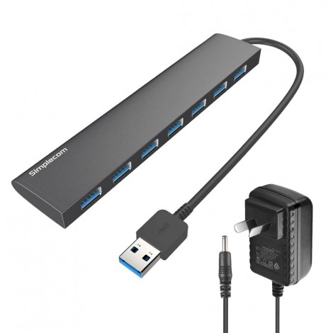 Simplecom Ultra Slim Aluminium 7 Port USB 3.0 Hub for PC Mac w/ Power Supply CH371PS-BK