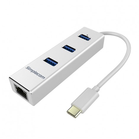 Simplecom CHN411 Aluminium USB Type C to 3 Port USB 3.0 Hub with Gigabit Ethernet Adapter CHN411-SL