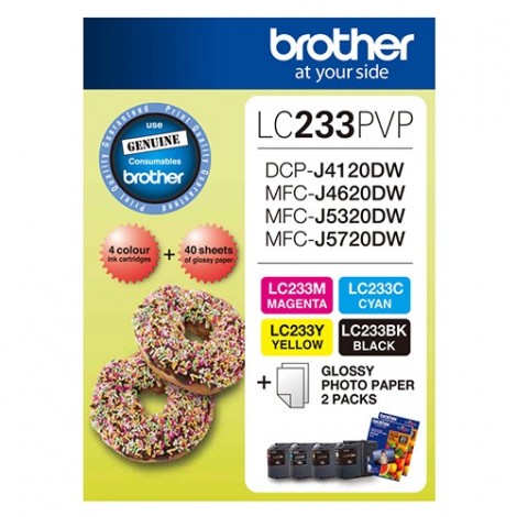 Brother LC233 Photo Value Pack- 1x Black 1x Cyan  1x Magenta 1XYellow + 40 Sheets Photo Paper