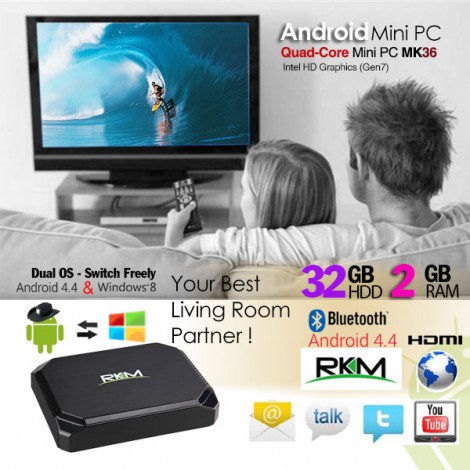 RKM MK36 Quad Core Intel Baytrail Mini PC with Dual OS (Windows 8.1 and Android 4.4)/2G DDR3/32G ROM/BT 4.0/Wifi /Gbit Lan