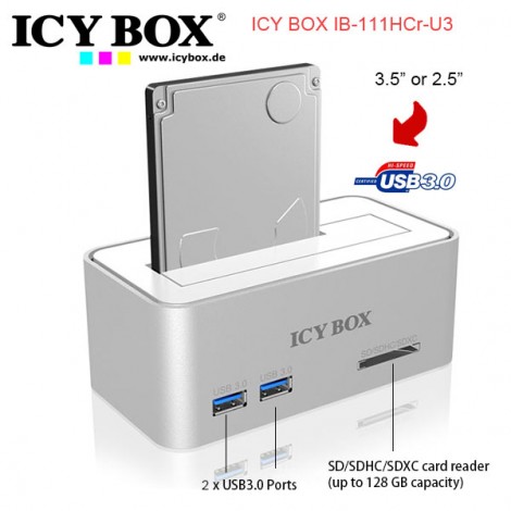 ICY BOX IB-111HCr-U3 Hard didk docking station for SATA HDDs and SSDs with USB 3.0 and a card reader