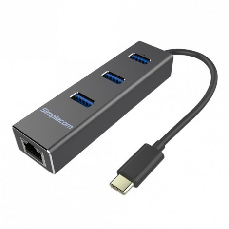 Simplecom CHN411 Black Aluminium USB Type C to 3 Port USB 3.0 Hub with Gigabit Ethernet Adapter
