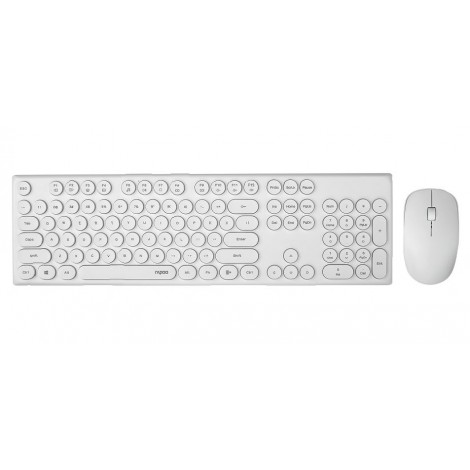 RAPOO Wireless Optical Mouse & Keyboard - 2.4G Connection, 10M Range, Spill-Resistant, Retro Style Round Key Cap, 1000DPI - White