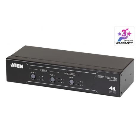 Aten VM0202HB 2x2 True 4K HDMI Matrix Switch with audio de-embedder, supports control via pushbuttons, IR remote or RS232 serial, Auto Switching