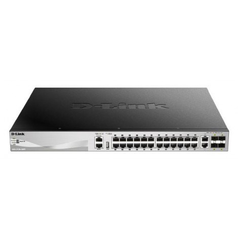 D-Link 30 port Stackable Gigabit PoE+ Switch with 24 1000Base-T PoE/PoE+ ports and 4 10 Gigabit SFP+ ports and 2 10GBASE-T ports. PoE budget 370W