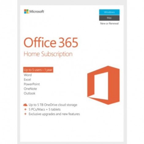 Microsoft Office 365 Home License Software 1 Year Subscription 5 Devices, 32bit/64bit, Medialess, PC & Mac