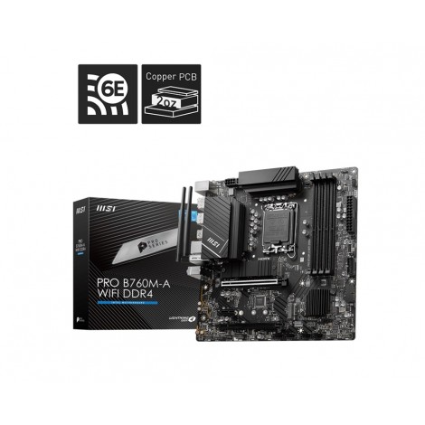 MSI PRO B760M-A WIFI DDR4 mATX Motherboard, 4x DDR4~128GB, 2x PCI-E x 16, 1x PCI-E x 1, 2x M.2, 4x SATA, 4x USB 3.2 , 2x USB 2.0 - Image 1