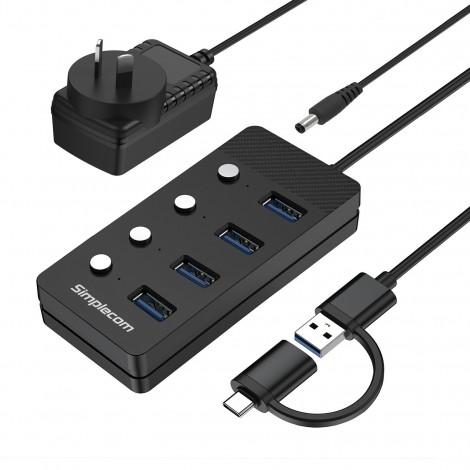 Simplecom CH345C SuperSpeed USB-A and USB-C to 4-Port USB 3.0 Hub 5Gbps Individual Switches and Power Adapter - Image 1