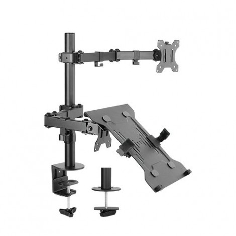BRATECK LDT12-C1M2KN Economical Double Joint Articulating Steel Monitor Arm with Laptop Holder Fit Most 13"-32" Monitors, Up to 8kg/Screen VESA 75x75/100x1009