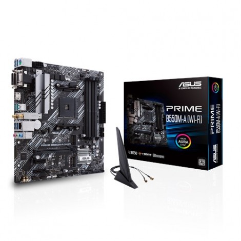 ASUS AMD B550 PRIME B550M-A (WI-FI) (Ryzen AM4) mATX MB, Dual M.2, PCIe 4.0, WiFi 6, 1Gb LAN, HDMI/D-Sub/DVI, SATA 6G, USB 3.2 Gen 2 A, Aura Sync
