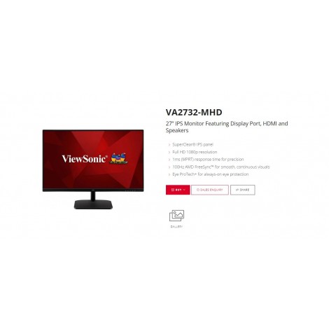 VIEWSONIC VA2732-MHD100 27” Super Clear IPS, 4ms 100hz, Ultra Slim, FHD 1920 x 1080, DP,HDMI,VGA,2x Speakers,VESA 100. Office Business Monitor ,3YARW