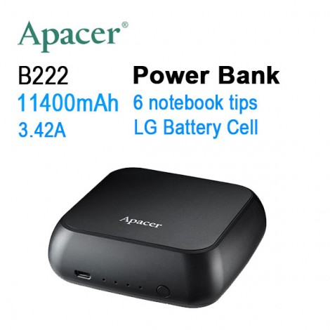 APACER mini NOTEBOOK POWER BANK B222 11400mAh with 6 tips,2x Fast USB Charger for Smart phone, Tablet etc.