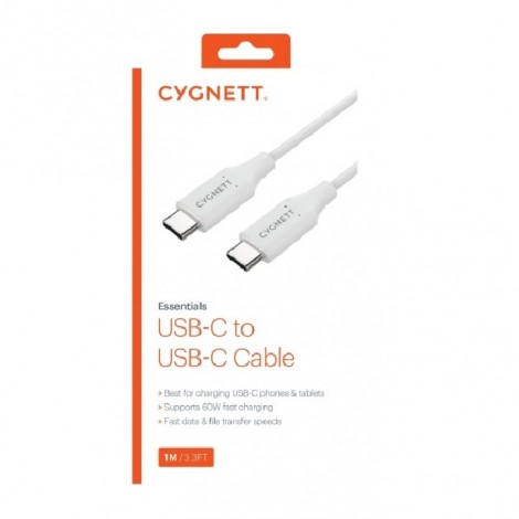 Cygnett Essentials USB-C to USB-C Cable (1M) - White (CY3309PCUSA), Supports 3A/60W Fast Charging, 480Mbps Fast Data & File Transfer Speed