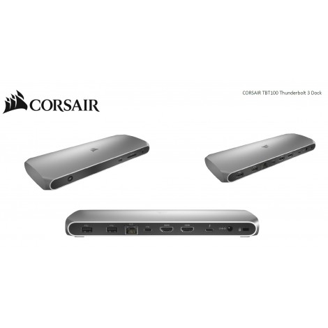 CORSAIR TBT100 Thunderbolt 3 Dock, TB, 2x USB-C 3.2, 2x USB-A 3.1, 2x HDMI 4K 60Hz, 3.5mm Audio, GB Ethernet, SD UHS-II Slim Aluminum Dock. MAC MS