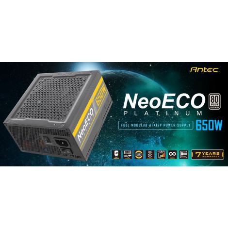 Antec NeoEco 650w 80+ Platinum, Fully Modular, Zero RPM, 28(18+10) pin MBU socket, 120mm Silent Fan, Continuous Power, ATX Power Supply