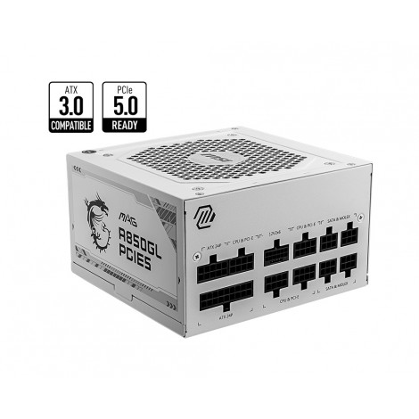 MSI MAG A850GL PCIE5 WHITE 850W Up to 90% (80 Plus Gold) ATX Power Supply Unit, PFC, 100~240 VAC, 850W, 47-63Hz, PCI-E, SATA, FDD
