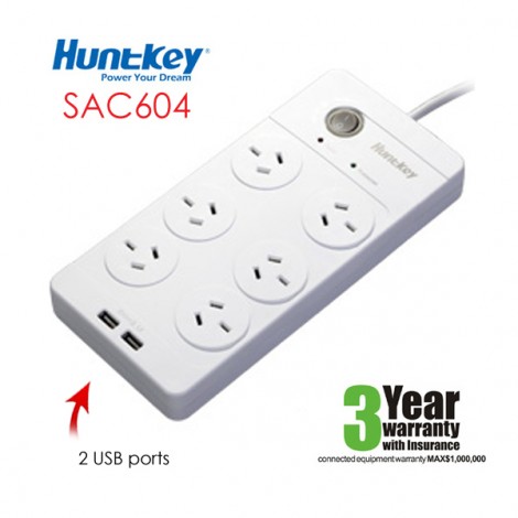 Huntkey Power Board (SAC604) with 6 sockets and 2 USB ports  ---RRP$79.95