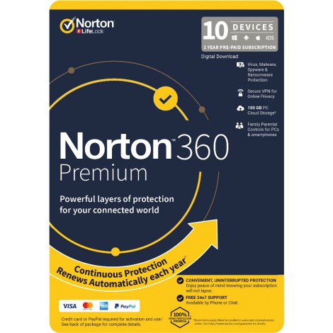 Norton 360 Premium, 100GB, 1 User, 10 Devices, 12 Months, PC, MAC, Android, iOS, DVD, VPN, Parental Controls, Retail Edition - Subscription