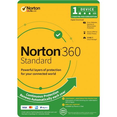 Norton 360 Standard, 10GB, 1 User, 1 Device, 12 Months, PC, MAC, Android, iOS, DVD, VPN, Parental Controls, Retail Edition, Subscription