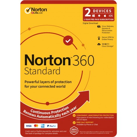 Norton 360 Standard, 10GB, 1 User, 2 Devices, 12 Months, PC, MAC, Android, iOS, DVD, Subscription