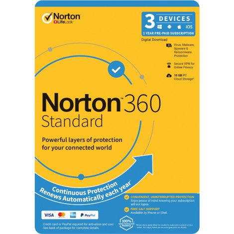 Norton 360 Standard, 10GB, 1 User, 3 Devices, 12 Months, PC, MAC, Android, iOS, DVD, Subscription