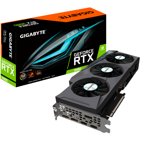 Gigabyte nVidia GeForce RTX 3080 EAGLE OC 2.0 10G Video Card (LHR), 1755 MHz Core Clock, PCI-E 4.0, GDDR6X, 3x DisplayPort 1.4a, 2x HDMI 2.1