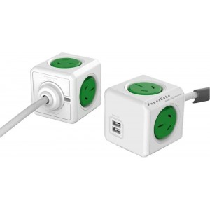 ALLOCACOC POWERCUBE Extended USB 4xOutlets+2 USB, 1.5M W/SURGE in Green