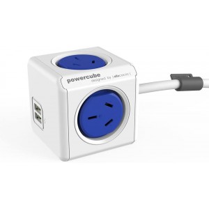 ALLOCACOC POWERCUBE Extended USB 4xOutlets+2 USB, 3M  W/SURGE in Blue