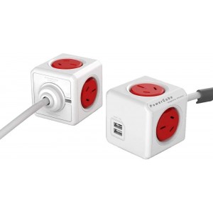 ALLOCACOC POWERCUBE Extended USB 4xOutlets+2 USB, 3M W/SURGE in Red