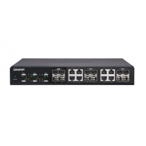 QNAP Twelve 10GbE SFP+ ports with shared eight 10GBASE-T ports unmanage switch, NBASE-T support for 5-speed auto negotiation (10G/5G/2.5G/1G/100M)
