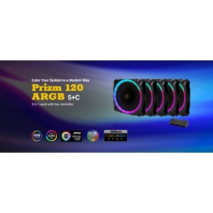 Antec Prizm 120mm ARGB Fan. 5+C 5 in 1 Pack with 5x 12CM RGB Dual Ring PWM Fans and 1x Fan Controller. 2 Years Warranty