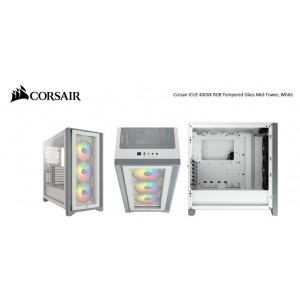 Corsair Carbide Series 4000X RGB E-ATX, ATX, Tempered Glass Front and Side. White,3x 120mm RGB Fans pre-installed. USB 3.0 and Type-C x 1
