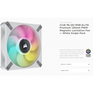 Corsair ML ELITE Series, ML120 RGB ELITE WHITE, 120mm Magnetic Levitation RGB Fan with AirGuide, Single Pack (LS)