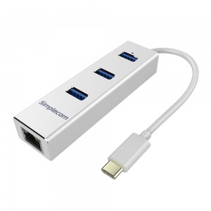 Simplecom CHN411 Aluminium USB Type C to 3 Port USB 3.0 Hub with Gigabit Ethernet Adapter CHN411-SL