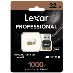 Lexar Professional 1000x 32GB microSDHC UHS-II Card - Up to 150MB/s Read/90MBs Write/ UHS-II Card Adapter/ U3 C10 V60/ 1080p HD/3D/4K Video (LS)