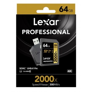 Lexar Professional 2000x 64GB SDXC UHS-II Card - Up to 300MBs Read/U3 C10 V90/USB 3.0 Reader/SD UHS-II Reader/1080p HD/3D/4K Video(LS)