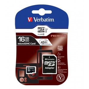 Verbatim Micro SDHC 16GB (Class 10) with Adaptor Up to 45MB/Sec 300X read speed