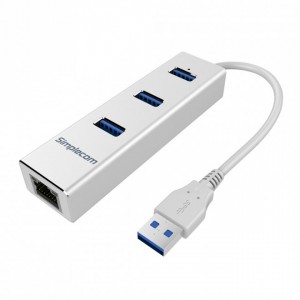 Simplecom CHN410 Silver Aluminium 3 Port USB 3.0 HUB with Gigabit Ethernet Adapter 1000Mbps for PC MAC - CBAT-USBCLAN - USMB-MB-HUB33E - NWTL-UE330
