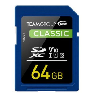 Team Classic SD Memory Card -64 GB.  UHS (Ultra) Speed Class 1(U1). Supports Video Speed Class 10(V10).