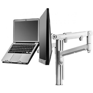 Atdec AWM Dual monitor arm solution - dynamic arms  - 135mm post - F Clamp - white with a note book tray