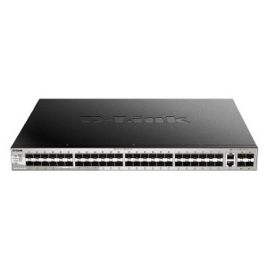 D-Link 54 port Stackable Gigabit Switch with 48 SFP ports and 4 10 Gigabit SFP+ ports and 2 10GBASE-T ports.