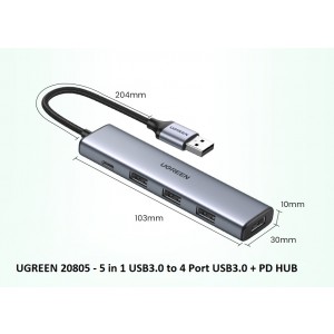 UGREEN 6957303828050 20805 USB 3.0 A 4 Ports HUB With USB-C Power Port - Image 1